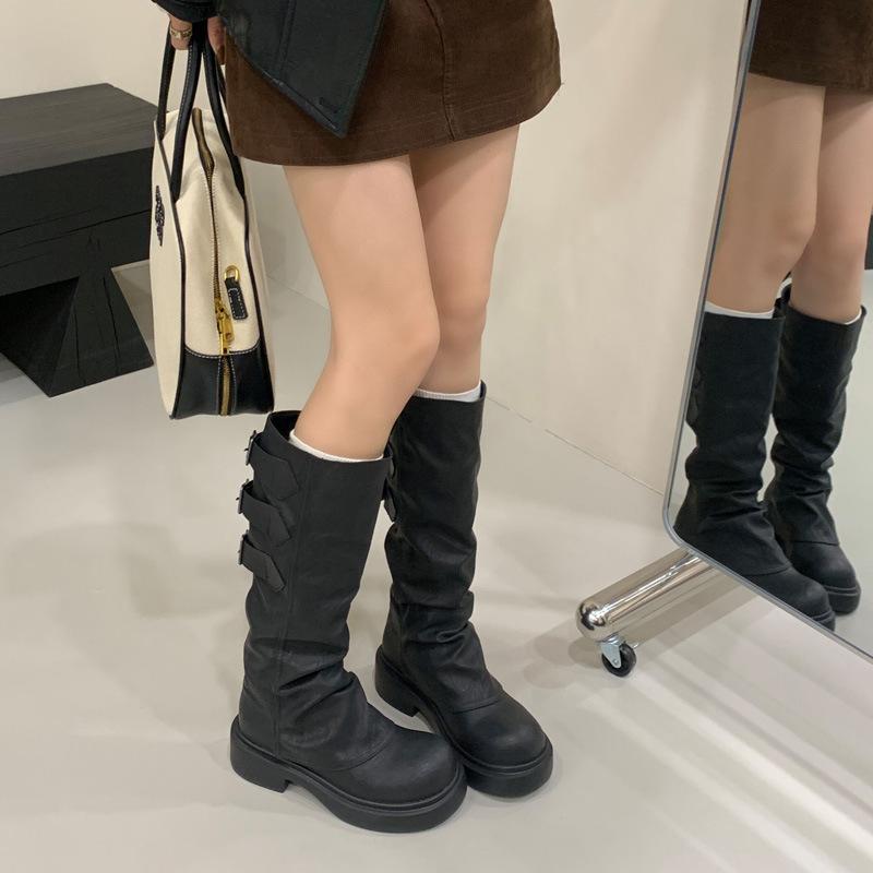 Belt buckle thick heel high boots women's winter new boots thick-soled wasteland women's boots medium heel round head boots