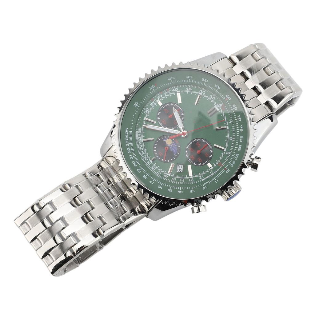 Men Quartz Watch with Calendar and Moon Phase Zinc Alloy Case Stainless Steel Strap Men Wristwatch