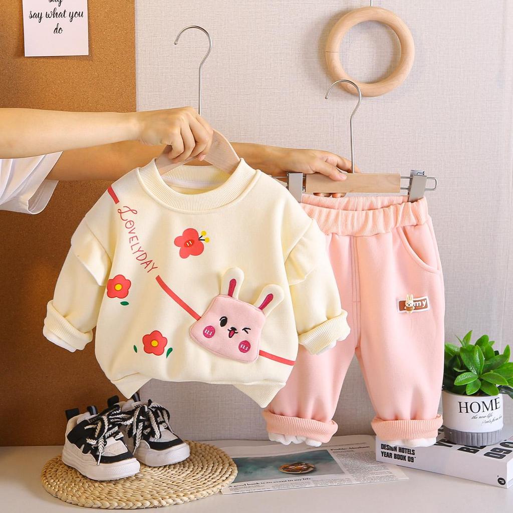 0-5-year-old Girls' Long Sleeved 2-piece Set, Girls' Cute Rabbit Hoodie Set, Girls' Baby Plus Velvet Clothes