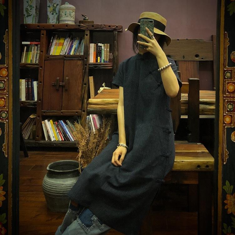 Johnature Women Vintage Print Floral Dress Stand Short Sleeve Summer Button A-Line Chinese Style Dress