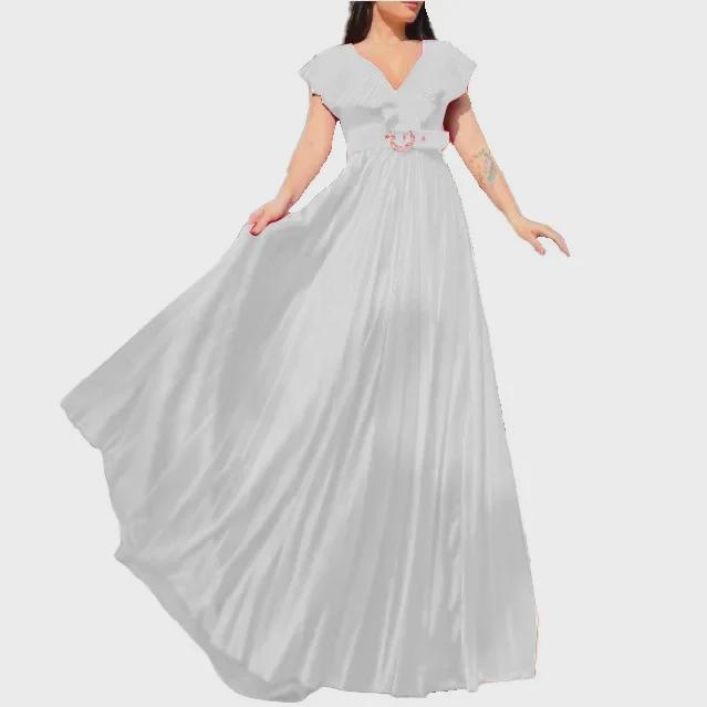 D3159P Plus Size V-Neck Pleated Ruffle Long Dress - European & American Style