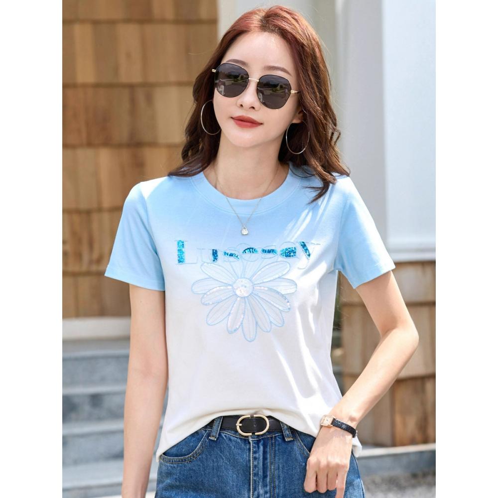 Damenbekleidung Südkorea Trendige Marke Kurzarm Lässiges T-Shirt Damen Locker Pailletten T-Shirt Für Damen
