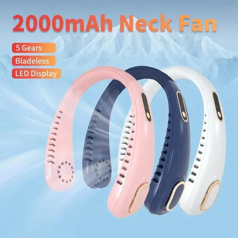 Portable Bladeless Neck Fan For Summer Outdoor Sports Running, 2000mAh Rechargeable, 5-Speed Mute USB Fan with LED Display
