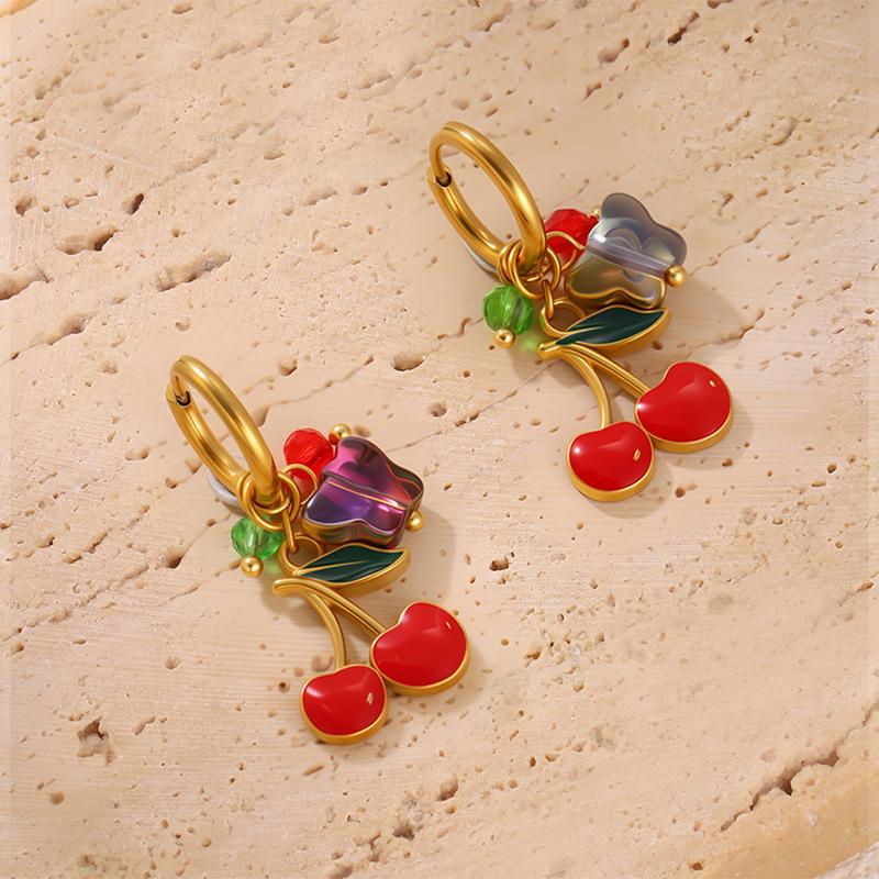 Fashion Enamel Butterfly Cherry Earrings - Luxury Country-style Ear Jewelry Design - Uncommon Gold Ear Pendants