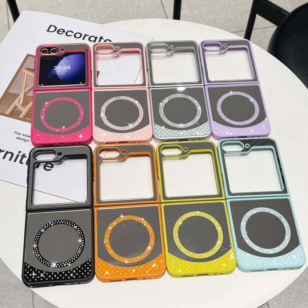 Zrcadlové pouzdro pro Samsung Galaxy Z Flip3/ Flip4/ Flip5/ Flip6 MagSafe magnetické bezdrátové nabíjení Módní make-up bonbónové barvy třpytky kryt na telefon