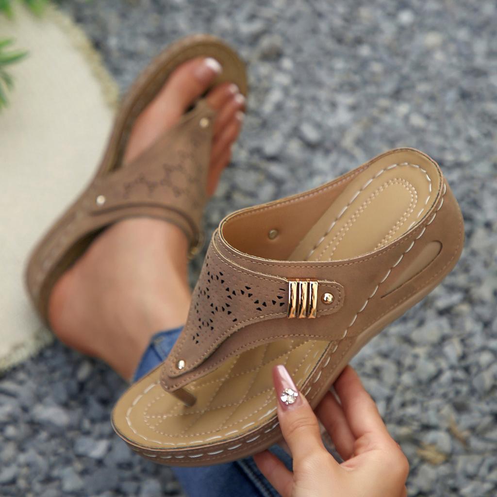 Flip Flops Women's Hollow Out Wedge Summer  Wedge Sandals Clip Toe Orthopedic Sandals Woman Pu Leather Non-Slip Soft Slippers