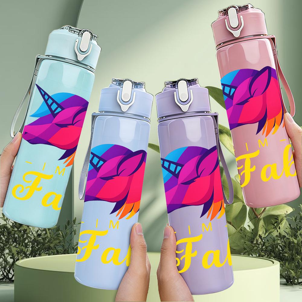 1PC Rainbow Unicorn Fab Letter Art 750ml Color Plastic Sports Water Bottle Leakproof Flip Straw Lid Suitable for Sports Office Home Use
