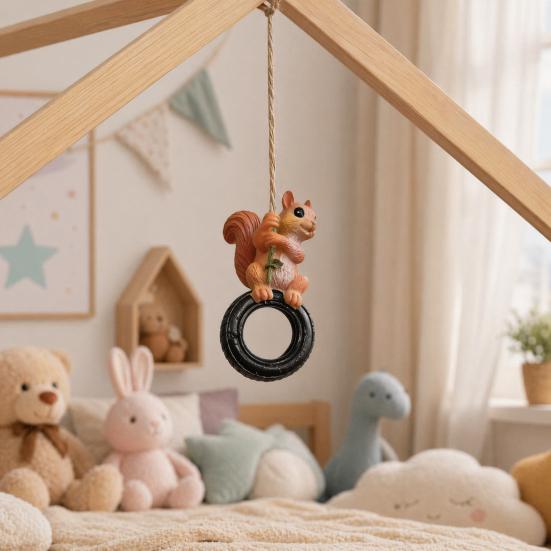 Durable Resin Patio Ornament Squirrel on Tire Outdoor Hanging Ornament, Realistic Figurine for Charming Courtyard Animal Decor Garden Tree Decoration,