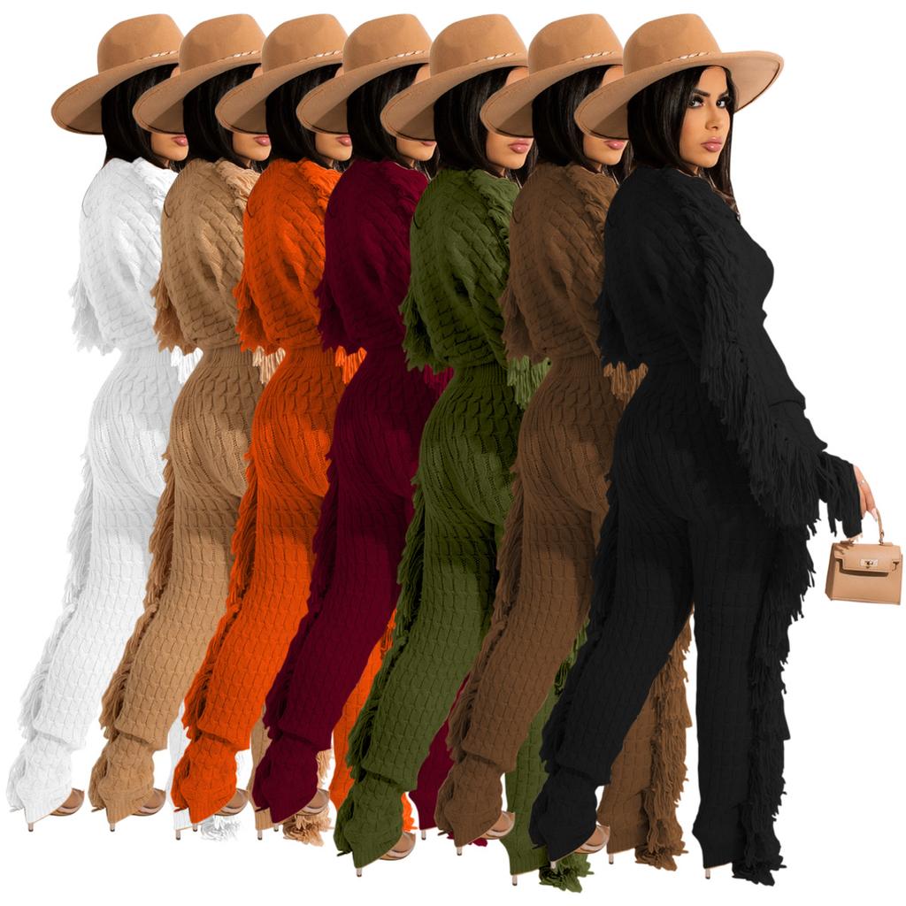 Women's Off Shoulder Long Sleeve Knit Two Piece Set Fringe Crop Top High Waist Wide Leg Pants Solid Geometric Knitted Tracksuit