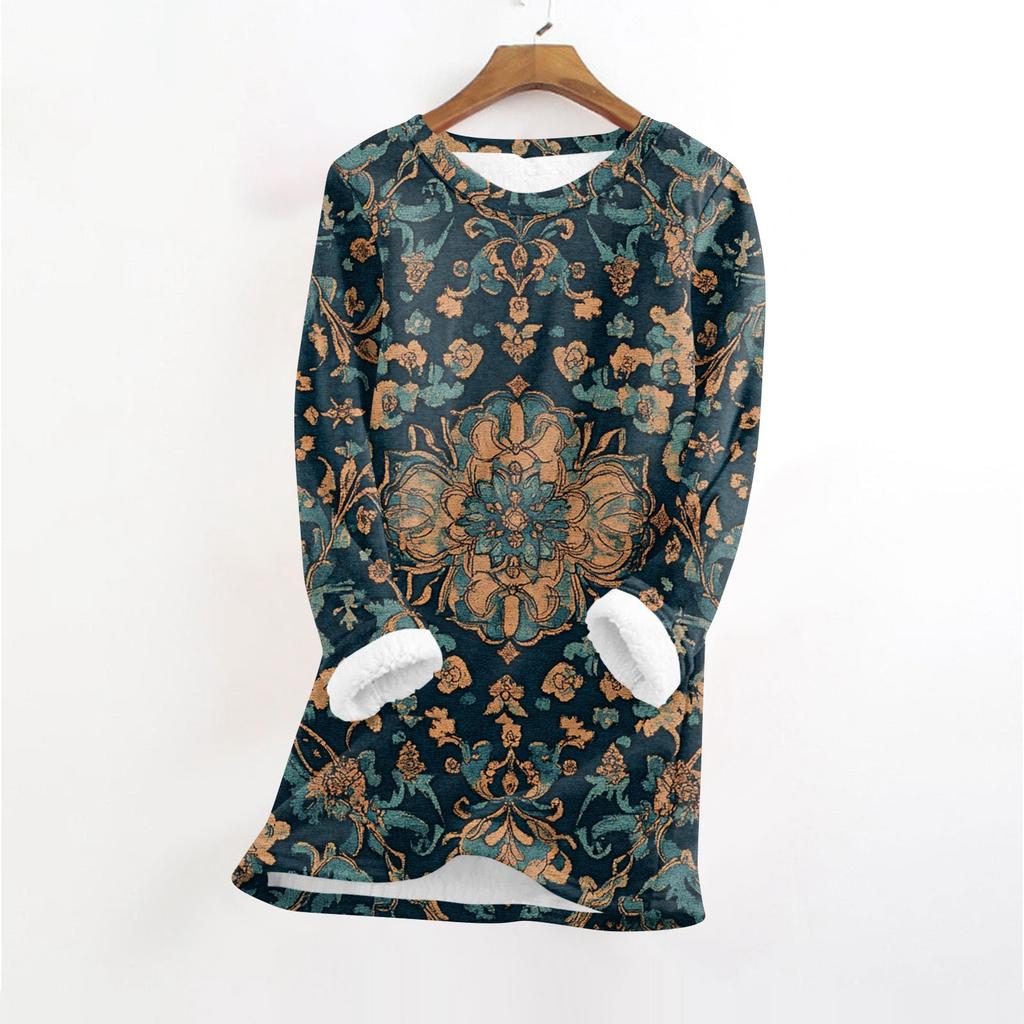 Women's Fashionable Printed Round Neck Long Sleeved Plush Warm Pullover Top