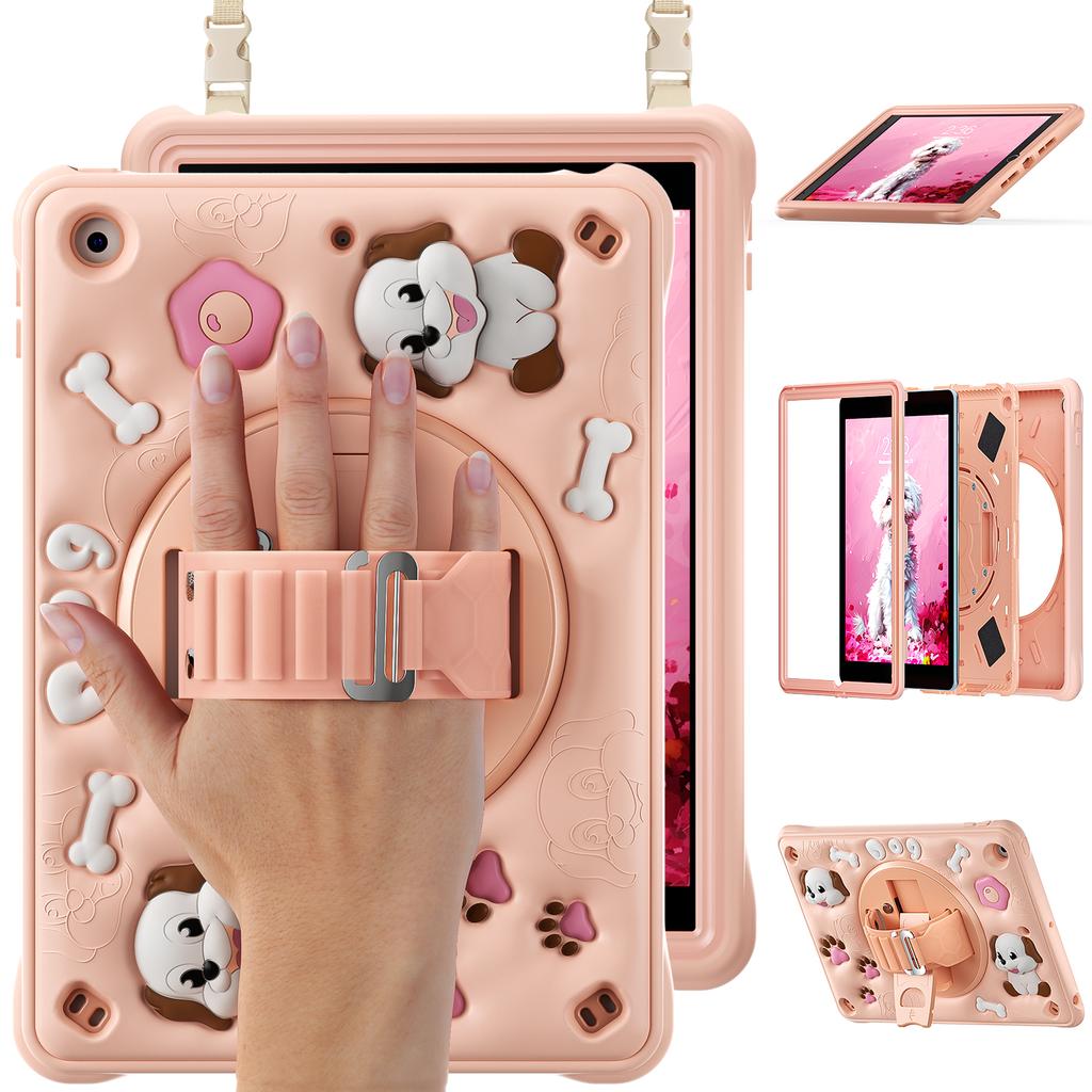 For iPad 10.2 (2021)/(2020)/(2019) Case with Shoulder Strap Kickstand Cute Dog PC+Silicone+TPU Tablet Cover