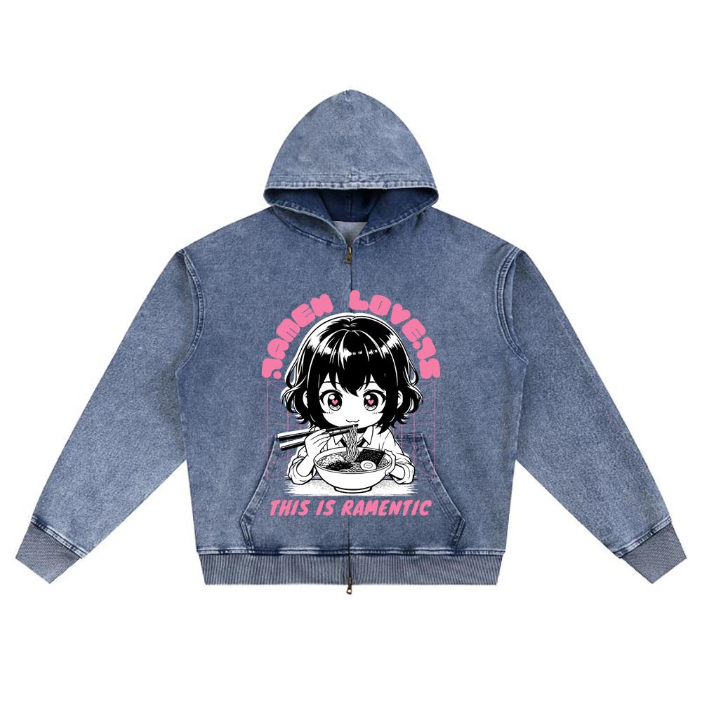 DTG-Druck Gestrickter Denim Zip-Up Hoodie Anime-Mädchen Ramen-Liebhaber Bruder-Druck Reißverschluss-Hoodies