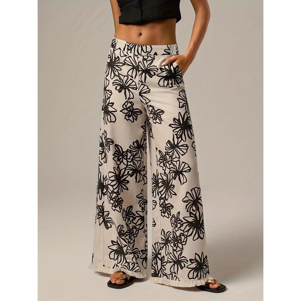 Women s High Waist Drawstring Floral Print Wide Leg Pants Fringe Hem Palazzo Trousers S