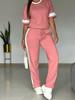 Womens Light Khaki Short Sleeve Top and Side Stripe Pants Casual Two Piece Set