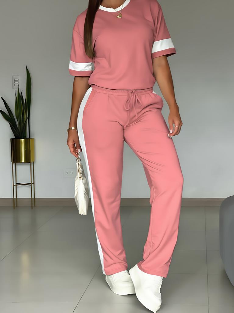 Womens Light Khaki Short Sleeve Top and Side Stripe Pants Casual Two Piece Set