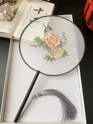 Chinese Traditional Art Embroidery Wooden Hand Fan, Classical, Ancient Dance Costume, Han Fu Cheongsam with Long Handle, Tasse
