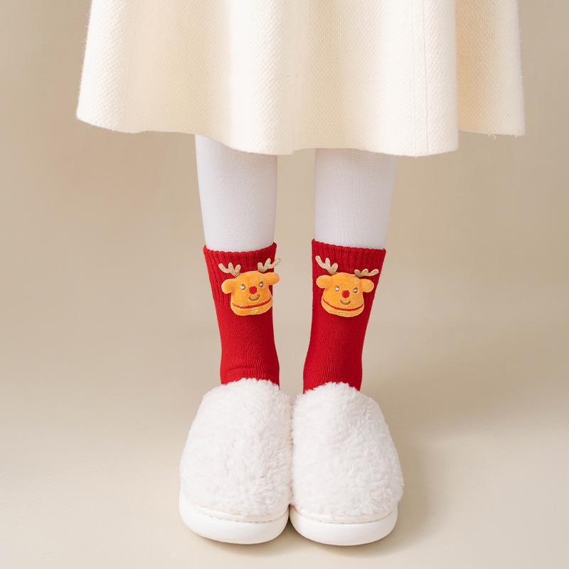 Female Autumn and Winter Hair Circle Christmas Three Dimensional Cartoon Cute Accessories This Year Red Tube Cotton Socks