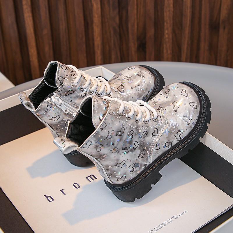 2025 Autumn and Winter New Bright Leather Printed Children's Martin Boots Girls Round Head Medium Leather Boots Boys Boots Tide