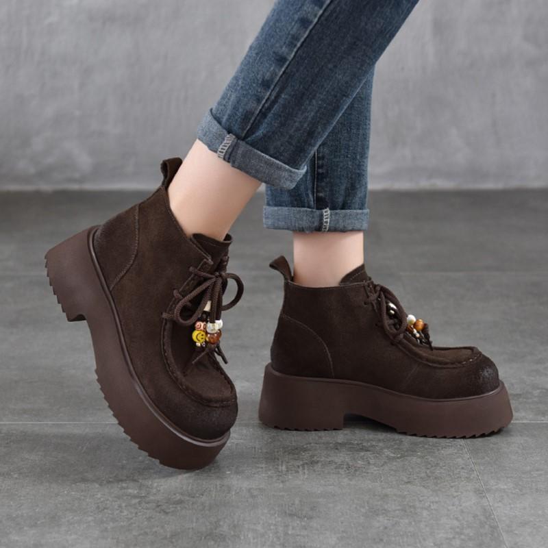 Johnature Thick Soled Handmade Beaded Round Toe Genuine Leather Short Boots Women's Lace-up Ankle Boots