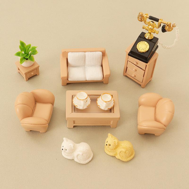 Miniature Dollhouse Furniture Set Sofa Cabinets Tea Table Coffee Coffee Cup Potted Plant for Doll House Realistic Mini Ornaments