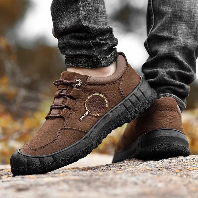2024 New Men Leather Casual Hiking Shoes Outdoor Antiskid Genuine Leather Walking Shoes Soft Homme Classic Ankle Flats Moccasin