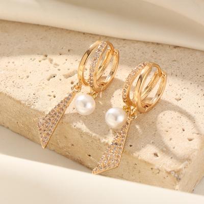 1 Pair Fashion Geometric Shapes Zirconia with Imitation Pearls Dangle Earrings for Women Golden Earring Jewelry Wedding Party Accessories