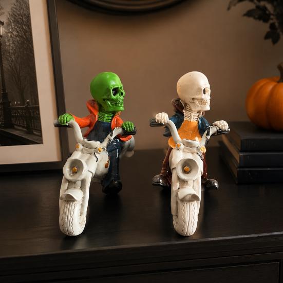 Unique Motorcycle Enthusiast Gift Halloween Skeleton Riding Figurine, Gothic Spooky Statue for Home Gifts Skull Collectors Garden, Resin Biker