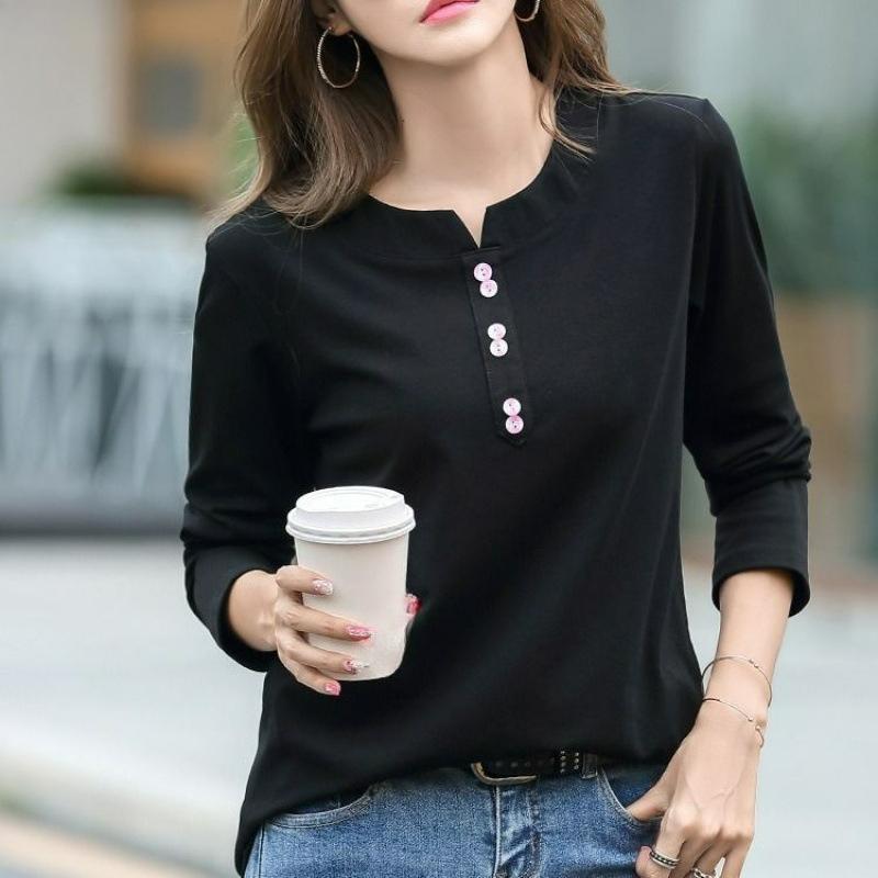 Spring and Autumn Clothes, Pure Cotton, Large Size, Long-sleeved T-shirt, Women's Loose V-neck T-shirt, Women's Blouse, Bottoming Shirt