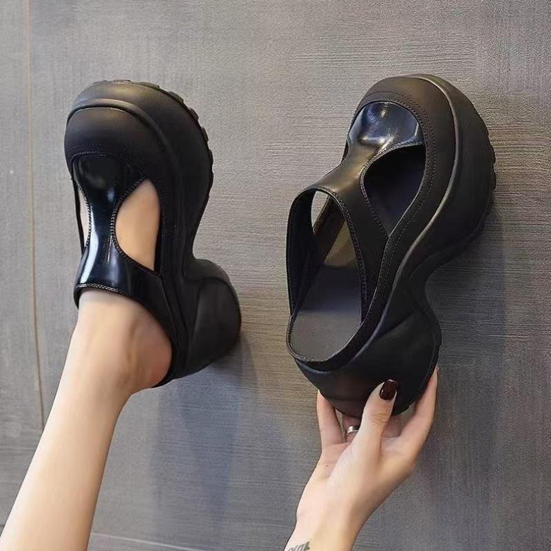 Super high heel wedge bag head half slippers women's summer wear new muffin sandals heightened thick sole hollow sandals