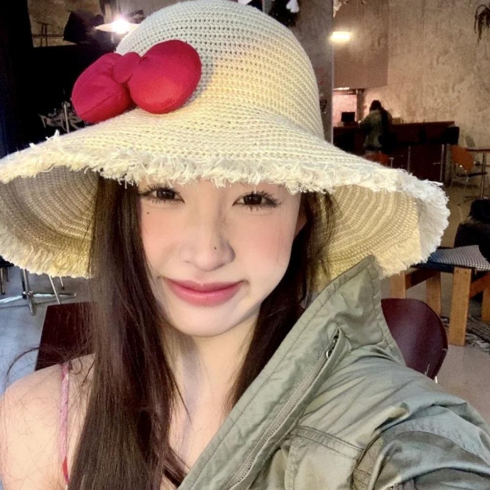 Breathable Woman's Straw Hat Elegant Lace Brim Sunshade Cap Casual Big Bowknot Sun Hat  Girls