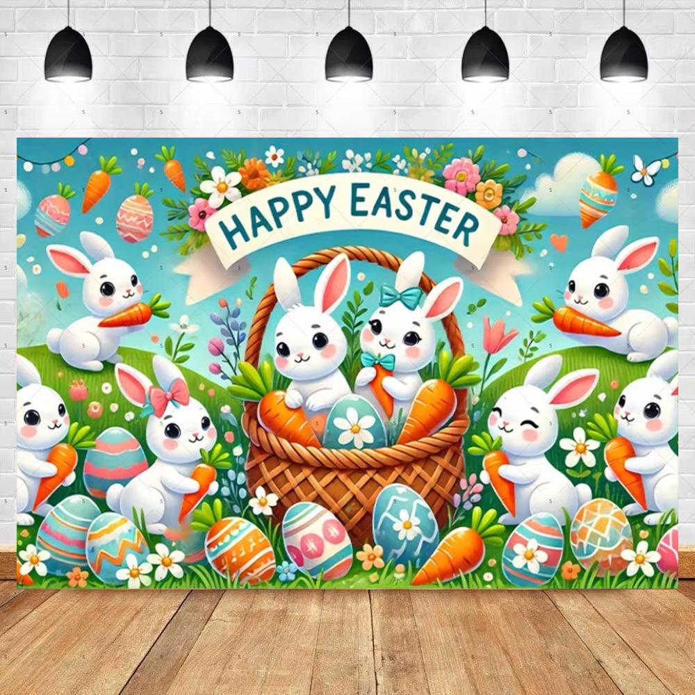 Spring Vibrant Rabbit Backdrop Supplies Happy Easter Theme Background Banner Bunny Easter Eggs Party Decoration Photography Prop