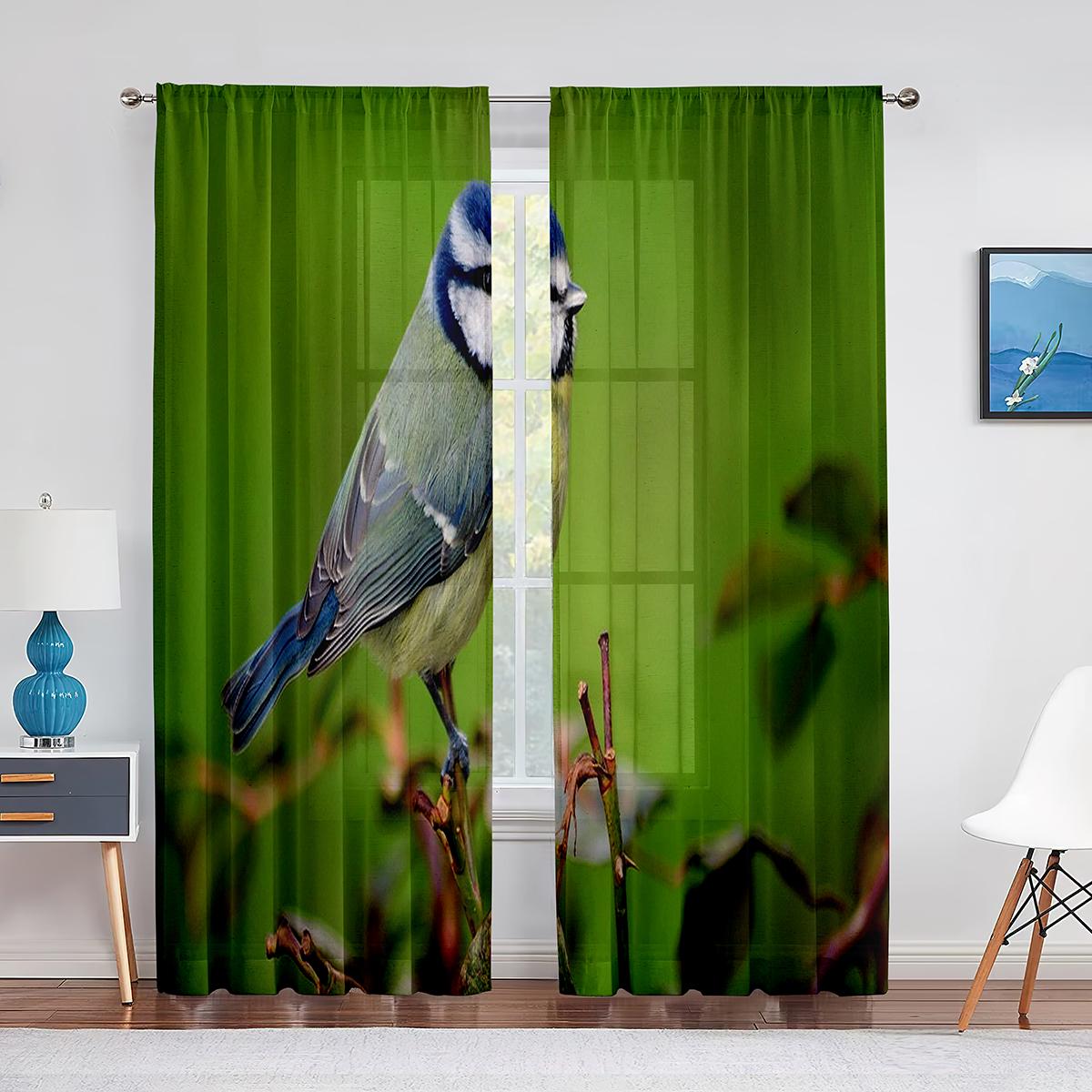 Тюлевые прозрачные шторы с милой синей птицей на ветке дерева для гостиной — фото 8