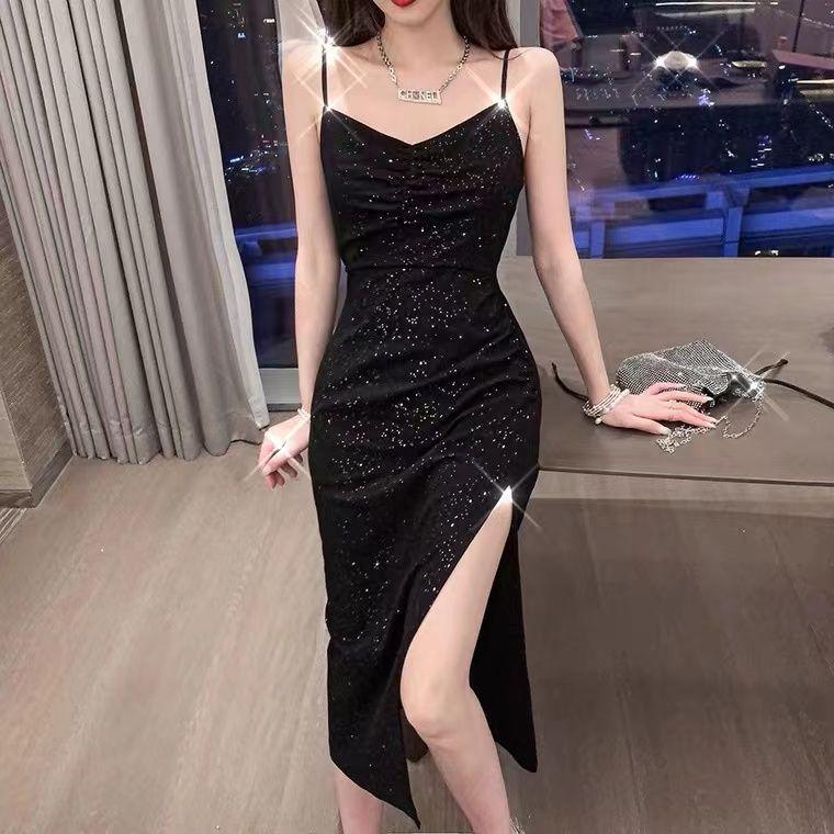 2024 Summer Korean Hepburn Black Sequin Slit Midi Slim Fit Suspender Dress