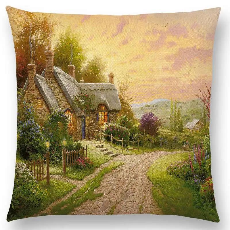 Newest American Countryside Oil Painting Cushion Cover Beautiful Scenery The Castle Lighthouse Sofa Throw Pillowcase