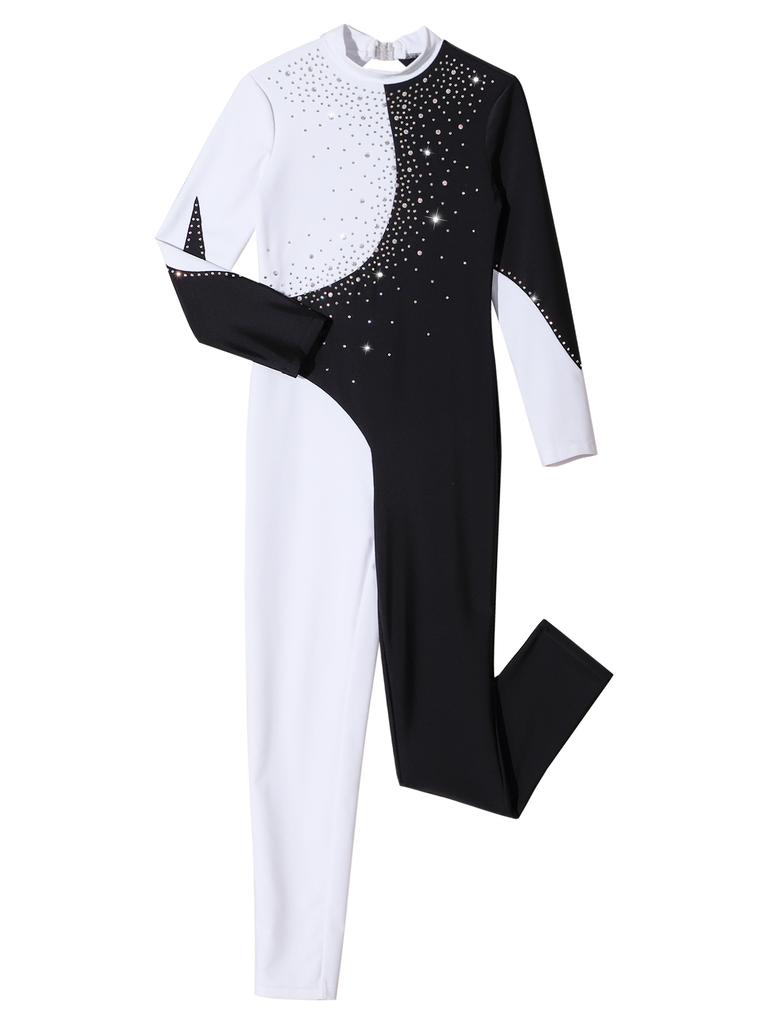 Kids Girls Gymnastics Dance Jumpsuit: Long Sleeve Round Collar Contrast Color Shiny Rhinestones Backless Performance Wear