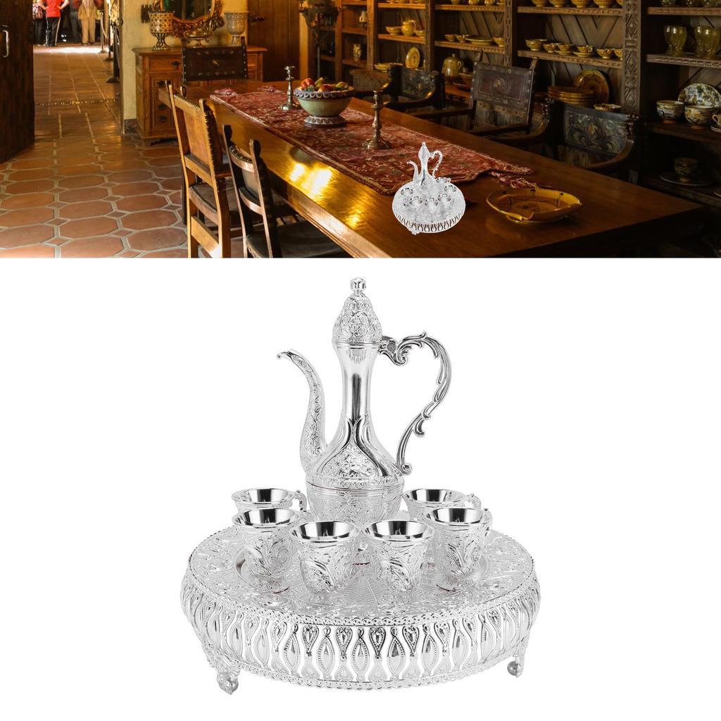 Vintage Wine Pot Set European Retro Coffee Pot Tray Kit Decorative Zinc Alloy Exquisite Carving Wine Cups for Home Party Dinner