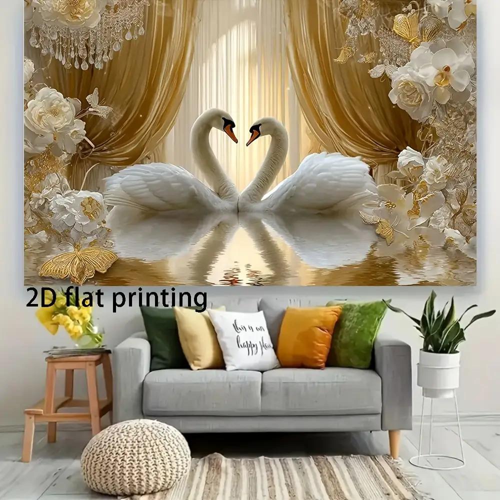 2D planar design, 1 piece - An elegant white swan love pattern combined with golden flower curtains 47.2x31.5inch/120*80cm