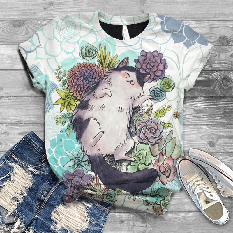 Women's 3D Cat Pattern Fresh Printed T-shirt 3D Printed Short Sleeved T-shirt