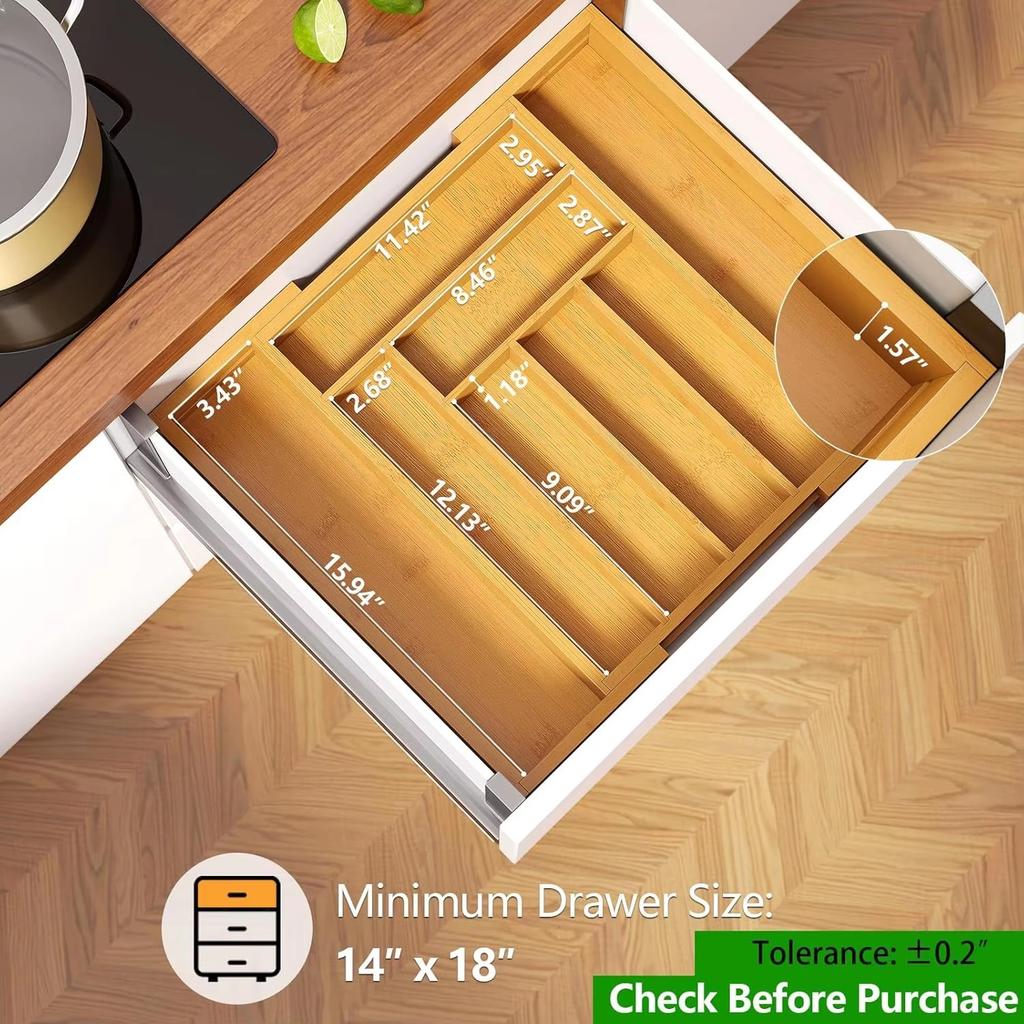Bamboo Silverware Organizer, Expandable Cutlery Tray, Utensil Drawer Organizer In Kitchen for Spoons Forks Knives, Multipurpose