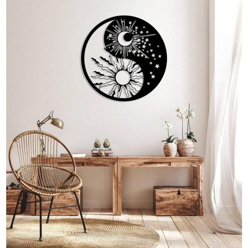 Yin Yang Sonne Mond Sterne Himmlische Metall-Wandkunst, Boho Meditationsdeko, Spirituelles Geschenk