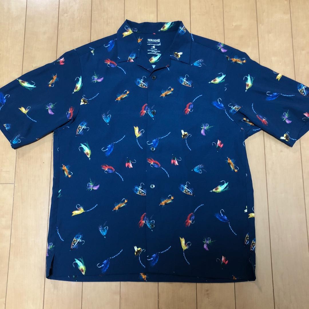 

[USED] Big silhouette all-over print Aloha shirt, size M, men s, fishing gear, navy, free shipping