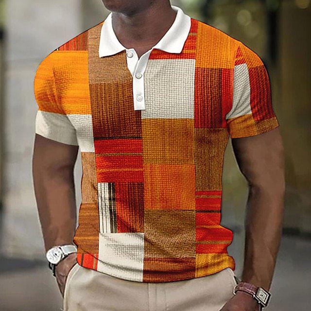 Summer Men's 3D Print Polo Shirt with Plaid and Geometric Patterns