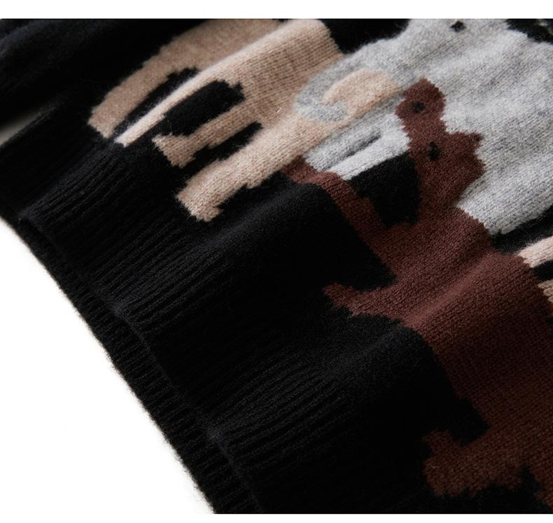 Autumn/Winter Unisex Kids' Pure Wool Round Neck Pullover with Cartoon Animal Embroidery