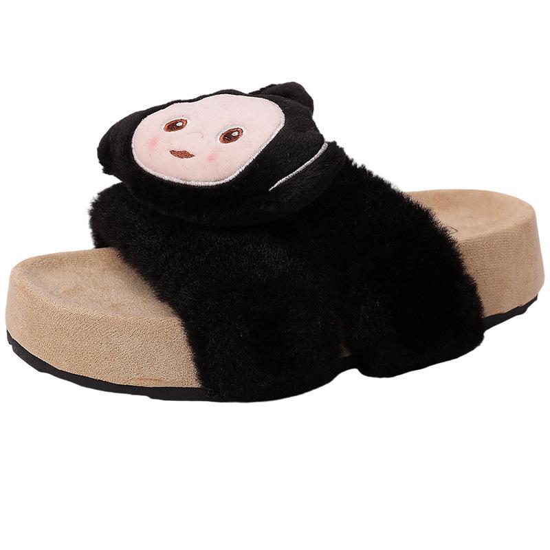 Cartoon cute casual flat-bottomed fluffy shoes women's autumn and winter suede versatile antenna baby one-word thick-soled cotton slippers