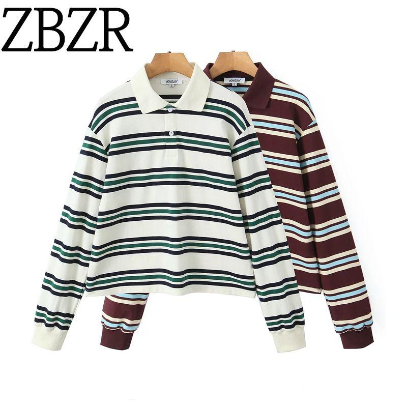 Za Autumn New Arrivals Women's Clothing Zr European and American Style Fashionable Striped Color-Block Polo Collar Casual Long Sleeve T-Shirt Top