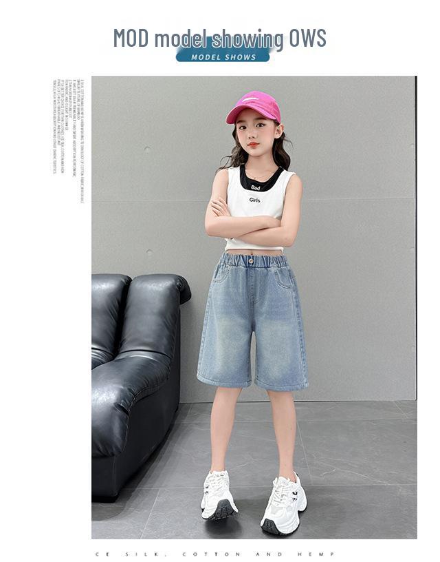 Girls' Summer Denim Shorts - Breathable, Fashionable Capri Pants for Kids