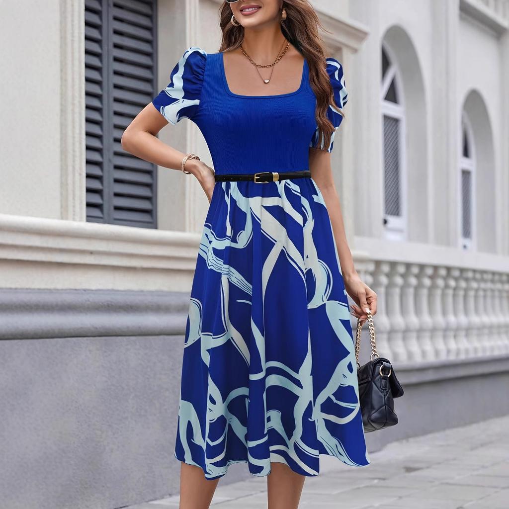 Commuter Knitted Printed Elastic Square Neck Slim Short Sleeve Bubble Sleeve Dress 2024 New Skirt Women's Clothing