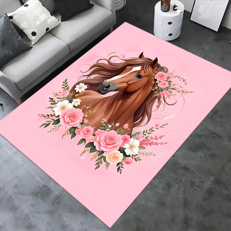 1pc Horse, Floral, Pink Office Carpet Soft Polyester Entrance Carpet Washable Non slip Machine Washa
