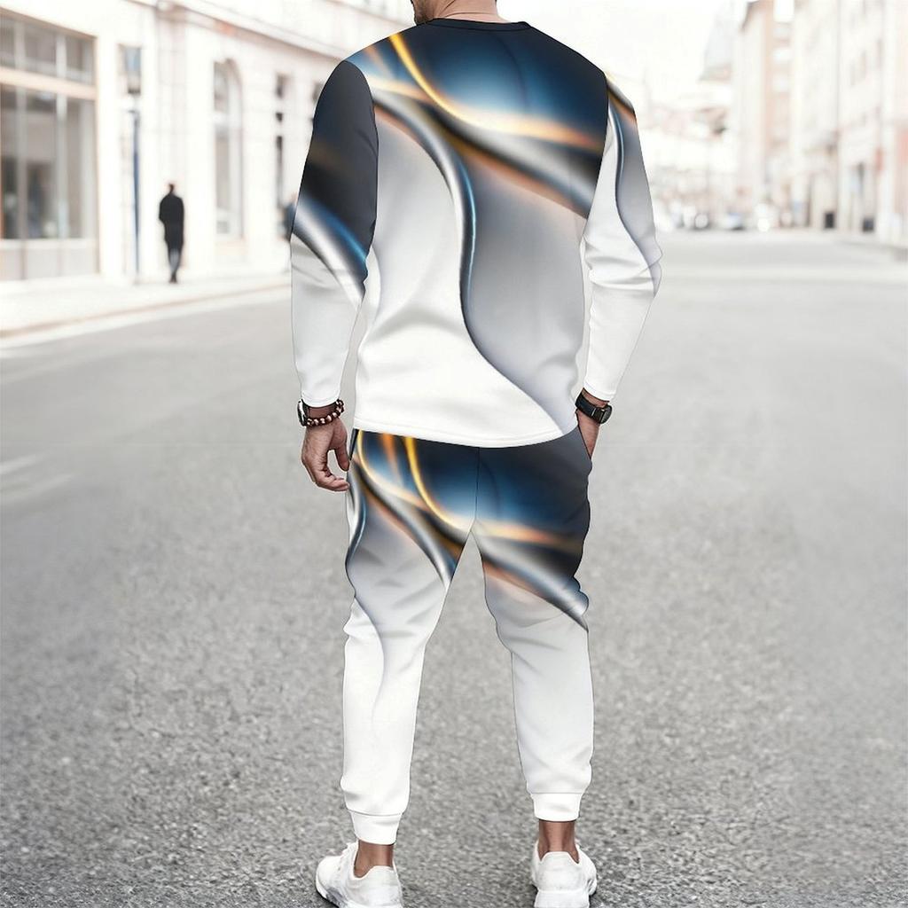 Men Cyan Base Gold Glitter Leopard Splicing Print Long Sleeve Sweatshirt Jogger Pants Two Piece Suit