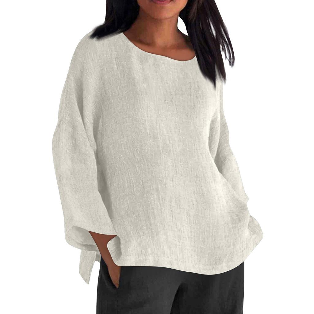 Long Sleeved Round Neck Solid Color Top Cotton and Linen Women’s Blouses & Shirts
